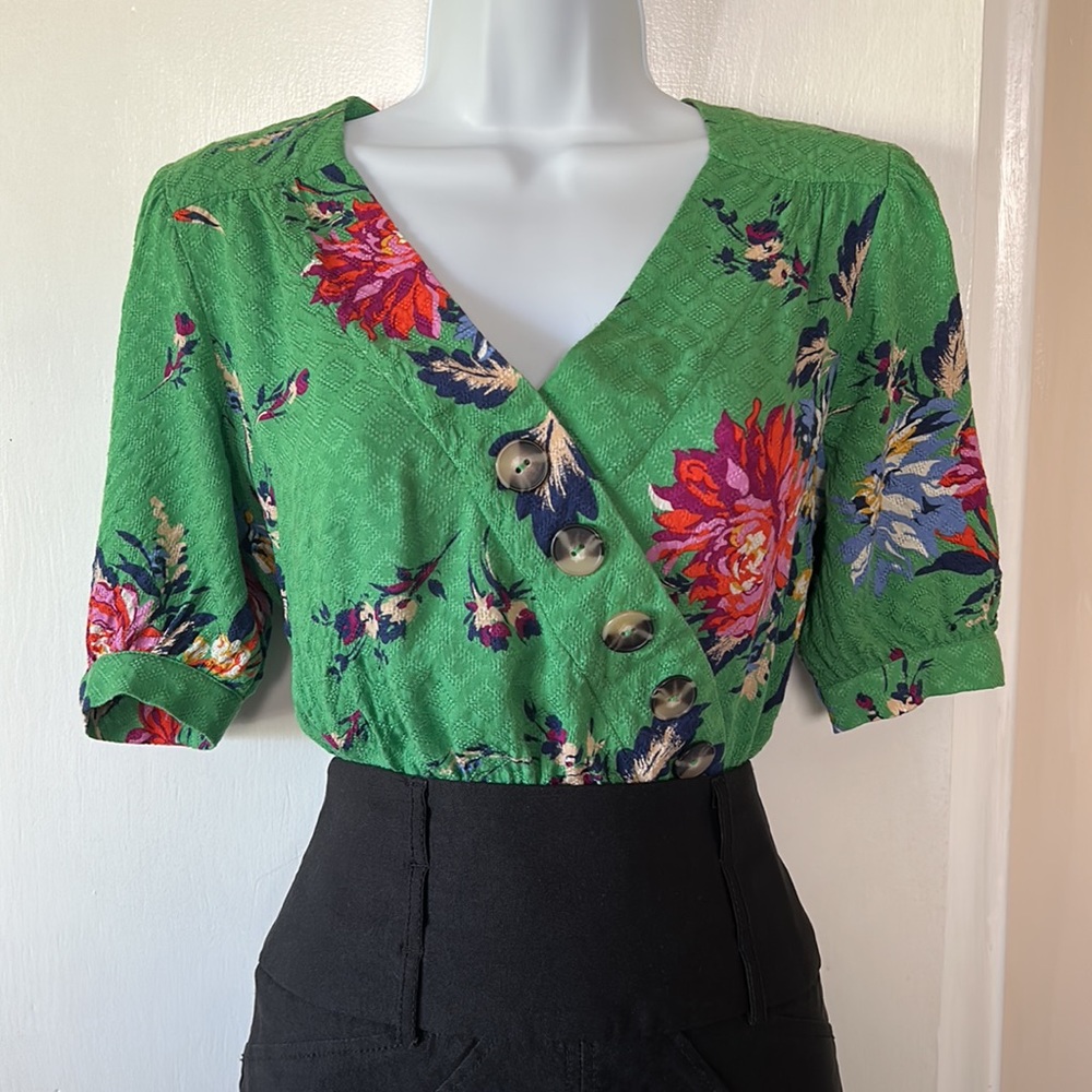 Anthropologie / Maeve - Green Floral Top